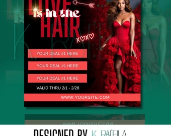 Op de afbeelding: Een promotionele afbeelding met de tekst "LOVE is in the HAIR" in wit en rood. Het toont een vrouw in een rode jurk omringd door rozen. De afbeelding bevat secties voor deals, een websiteadres en de tekst "VALID THRU 2/1 - 2/28".