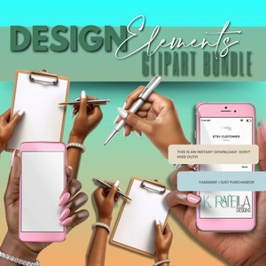 May include: A digital illustration of a hand holding a pink smartphone with a white screen. The phone screen displays a message that says "This is an instant download! Don't miss out!" and "YASSSSS! I just purchased!" The phone also displays a message that says "Etsy Customer". The background is a gradient of blue, green, and orange.