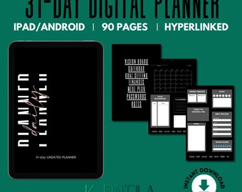 May include: A digital planner for iPad and Android devices. The planner is black and white with pink accents. It includes 90 pages and is hyperlinked. The cover features the text "31-day Undated Planner" and "daily I plan it all".