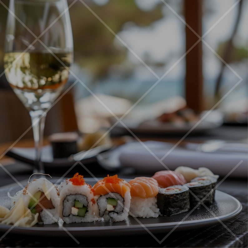 K&ouml;nnte beinhalten: Ein Teller mit Sushi-Rollen mit verschiedenen F&uuml;llungen, darunter Lachs, Avocado und Gurke. Die Rollen sind in einer Reihe auf einem schwarzen Teller angeordnet. Im Hintergrund steht ein Glas Wei&szlig;wein.