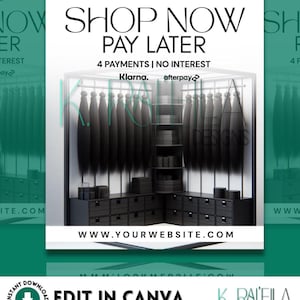Puede incluir: Un gráfico promocional con el texto « COMPRA AHORA PAGA DESPUÉS » y « 4 PAGOS | SIN INTERESES ». La imagen presenta una exhibición de extensiones de cabello negro en un diseño de armario moderno. La dirección del sitio web es www.yourwebsite.com. El gráfico también incluye el texto « EDITAR EN CANVA ».