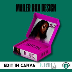 May include: A pink mailer box design with a woman's face and the text "DOLL LUXE Studio" and "THANK YOU". The design is customizable and can be edited in Canva.