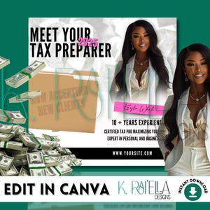 May include: A white and green graphic with the text "Meet Your Tax Preparer 2025" and a photo of a woman in a white blazer. The graphic also includes a brown folder with the text "Now Accepting New Clients" and a pile of money.