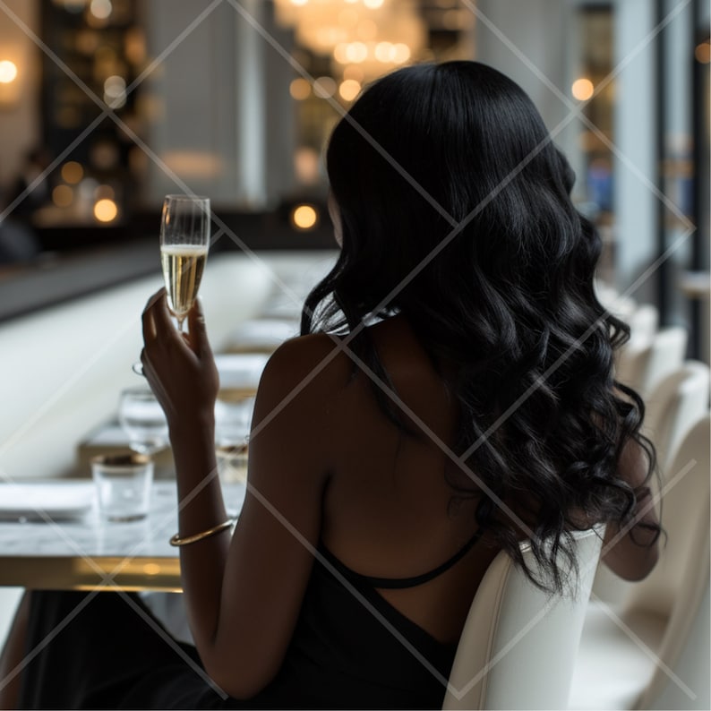 K&ouml;nnte beinhalten: Eine Frau mit langen schwarzen Haaren sitzt an einem Tisch in einem Restaurant und h&auml;lt ein Glas Champagner.