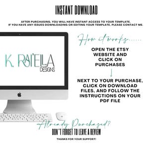 May include: A computer screen with the text "How it works..." and instructions on how to download a digital product from Etsy. The text "K. RAIELLA DESIGNS" is visible in the top left corner of the screen. The text "Already Purchased? Don't forget to leave a review. Thanks for your support!" is visible at the bottom of the image.