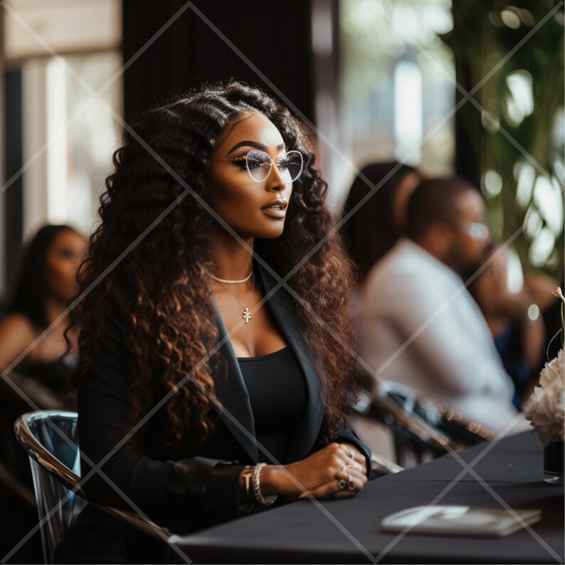 May include: A woman with long, curly brown hair wearing a black blazer and a silver necklace with a cross pendant. She is wearing clear-framed glasses and looking to the right. She is sitting at a table with a book on it.