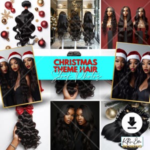 May include: Christmas themed hair stock photos featuring various styles of black hair extensions and wigs. The images include models wearing the hair, close-ups of the hair, and a download icon.