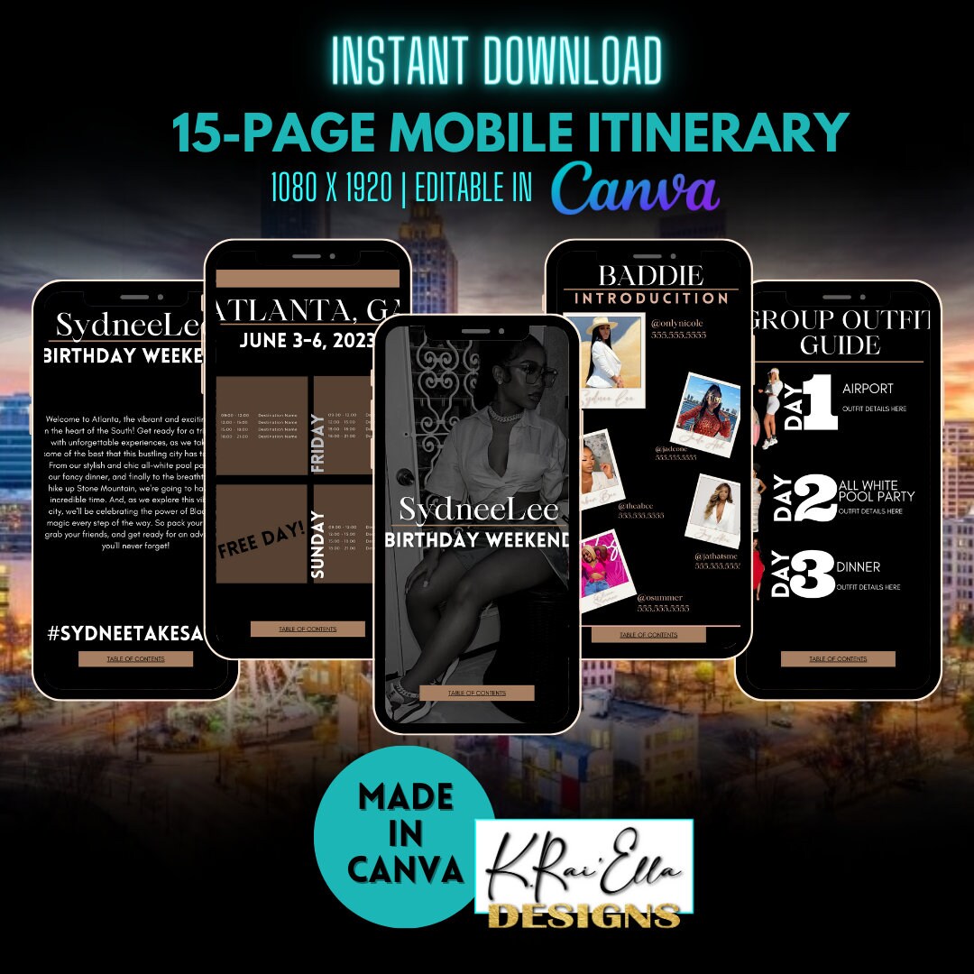 MOBILE Travel Itinerary Template, Birthday Weekend, Agenda