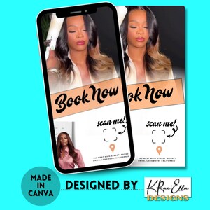 May include: A mobile phone screen displaying a graphic with the text "Book Now" and "scan me!" with an arrow pointing to a location pin. The graphic also includes the address "142 West Main Street Bennet Drive, Longwood, California". The graphic is designed by "KRi Ella Designs" and is made in Canva.