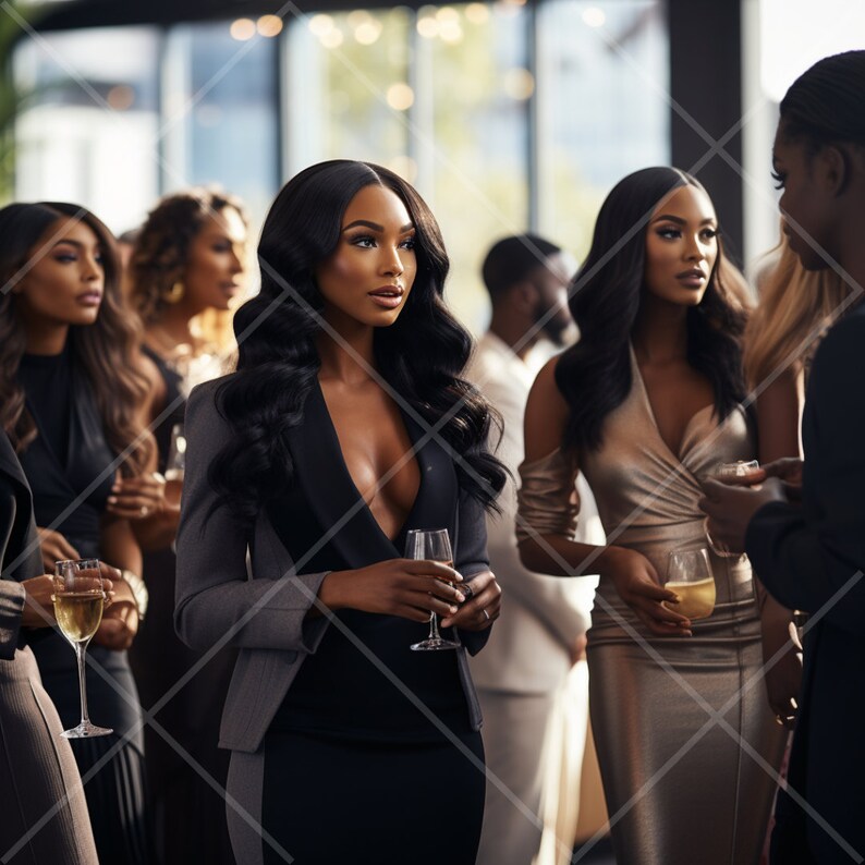 May include: A group of people in formal attire, including a woman in a black blazer and a black dress, holding a glass of champagne. The woman has long black hair and is wearing a low-cut dress.