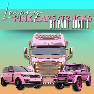 以下が含まれることがあります： ピンクの高級トラック、ピンクのレンジローバー、ピンクのメルセデスGクラス。  Luxury Pink Cars/Trucks Clipart Bundle.