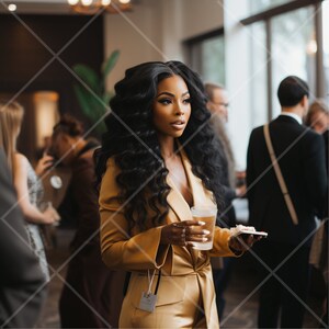 May include: A woman with long, dark curly hair is wearing a gold blazer and holding a clear glass with a beverage. She is also holding a small white object in her other hand. She is standing in a room with other people.