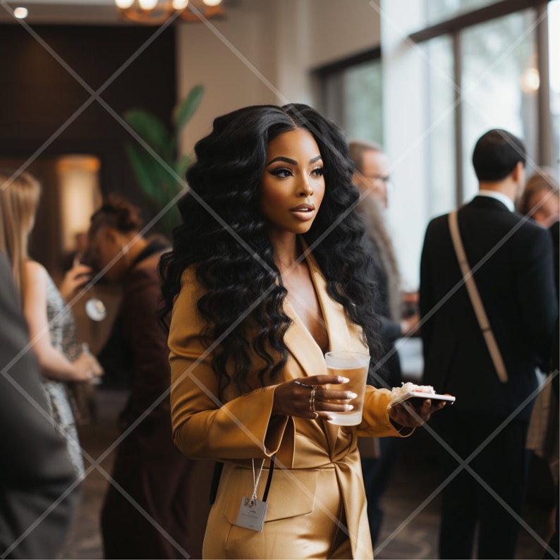 May include: A woman with long, dark curly hair is wearing a gold blazer and holding a clear glass with a beverage. She is also holding a small white object in her other hand. She is standing in a room with other people.