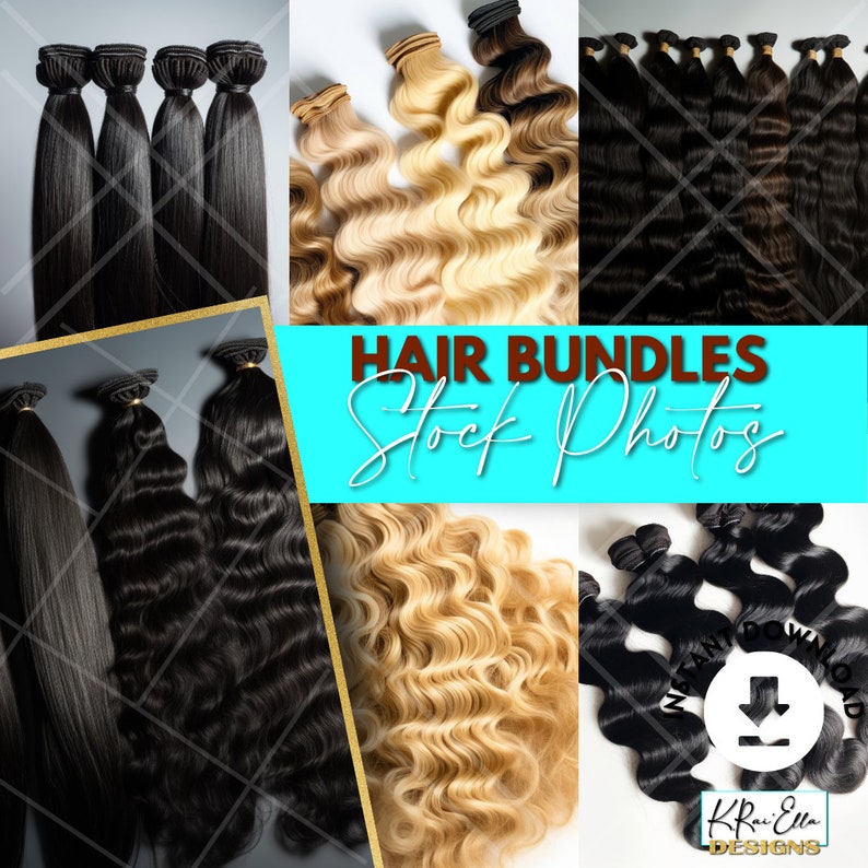 K&ouml;nnte beinhalten: Stockfotos von verschiedenen Haarpaketen in verschiedenen Texturen und Farben. Die Pakete sind in Gruppen von drei oder vier angeordnet. Das Bild enth&auml;lt den Text "Hair Bundles Stock Photos".
