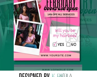 Op de afbeelding: Roze en groene promotionele afbeelding met de tekst "February books are open" en "14% off all services." Bevat twee foto's van een vrouw, een poll "Will you be my hairbae?" en een websiteadres. Ontworpen door K. Rateila Designs.