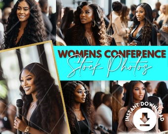 Könnte beinhalten: Eine Collage aus Fotos, die Frauen mit Hautfarbe zeigen, die auf einer Konferenz sprechen. Die Fotos sind in einem Raster angeordnet, in der Mitte steht der Text "Womens Conference Stock Photos". Der Text "Sofort-Download" und ein Download-Symbol befinden sich in der unteren rechten Ecke.