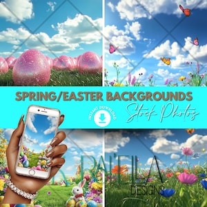 May include: Four digital backgrounds featuring spring and Easter themes. The first image shows a field of pink Easter eggs with a blue sky and white clouds. The second image shows a field of flowers with a blue sky and white clouds. The third image shows a field of flowers with a blue sky and white clouds. The fourth image shows a field of flowers with a blue sky and white clouds. The text "SPRING/EASTER BACKGROUNDS Stock Photos" is displayed on a turquoise background.