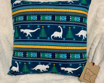 Flannel Dinosaur Faire Isle Envelope Pillowcase with ”RAWR”, Snowflakes, & Trees | fits size: 16” x 16” pillow insert