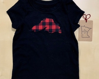 Girls 2T Lake Superior Appliqué black t-shirt - red and black Buffalo plaid