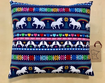 Flannel Unicorn Faire Isle Envelope Pillowcase with Rainbows, Hearts, Snowflakes, & Trees, snowflakes | fits size: 16” x 16” pillow insert