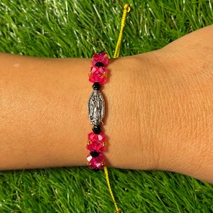 Virgen de Guadalupe (Virgin Mary) Yellow/Cream Colored Adjustable Bracelet with Pink and Black Beaded Flowers