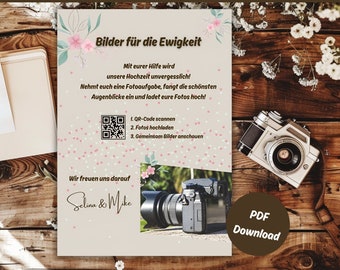 Personalisiertes Hochzeitsschild - Hinweisschild Hochzeit mit individuellem QR-Code für Fotoaufgaben und Fotospiele im PDF Format