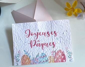 Carte à planter « Joyeuses Pâques », carte avec œufs décorés, carte papier ensemencé