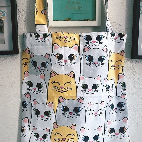 Totebag motifs chats, sac shopping en coton