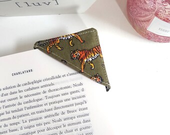 Signet d'angle motif tigres kaki, marque-page en tissu, livre, cadeau pour amoureux de lecture