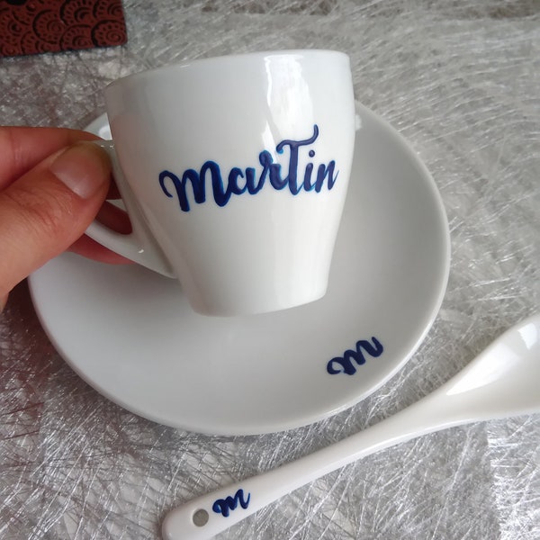 Tasse à expresso porcelaine personnalisée, tasse à café avec prénom, soucoupe avec monogramme, cuillère personnalisée