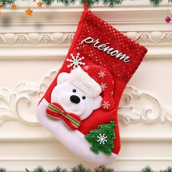 Botte de noël personnalisable,  chaussette de noël prénom, botte premier noël, père noël, bonhomme de neige, renne, ours, botte à sequins