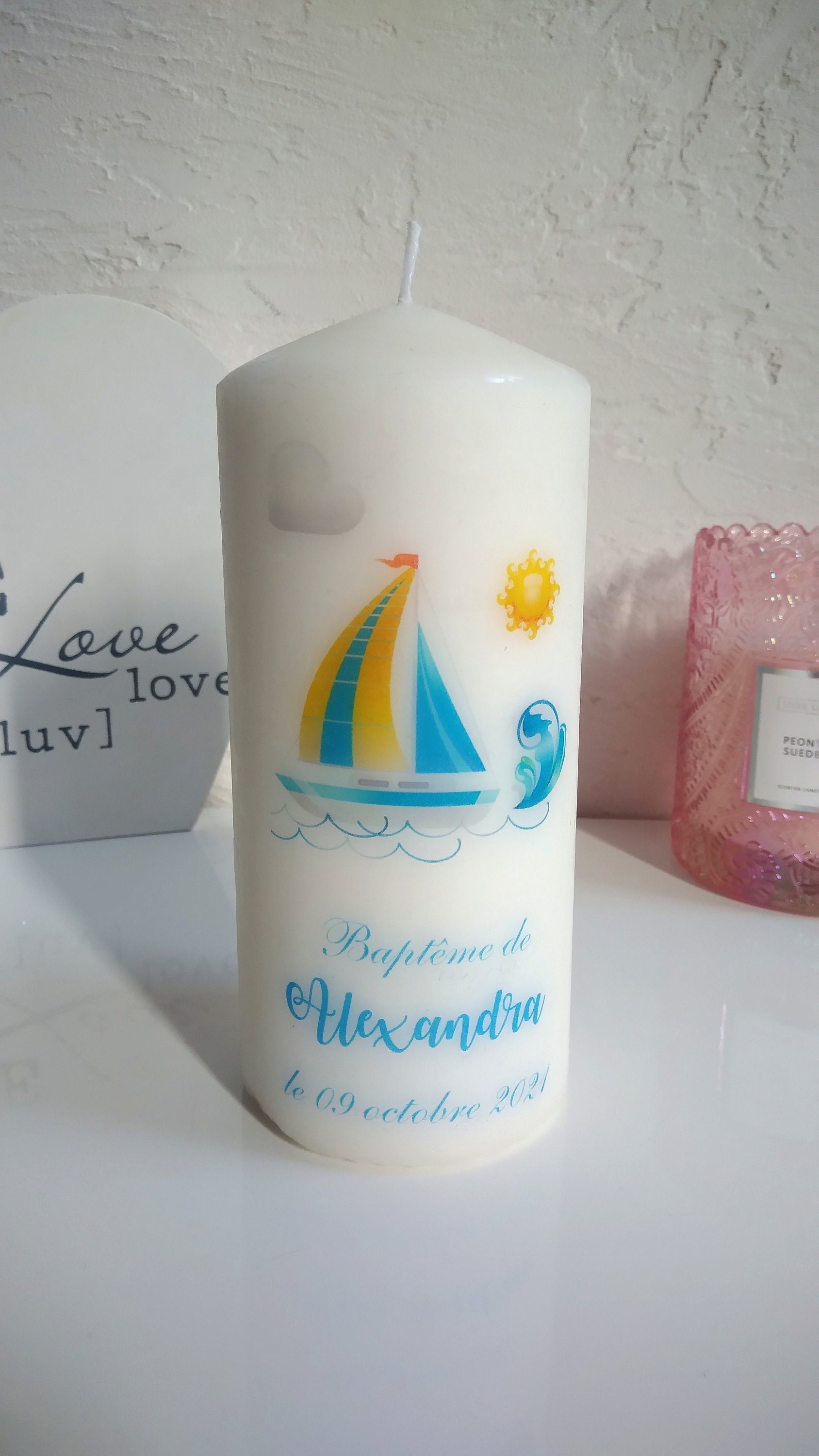 Bougie Baptême Imprimée - Bougie Personnalisée Confirmation Cadeau Communion Souvenir Personnalisé