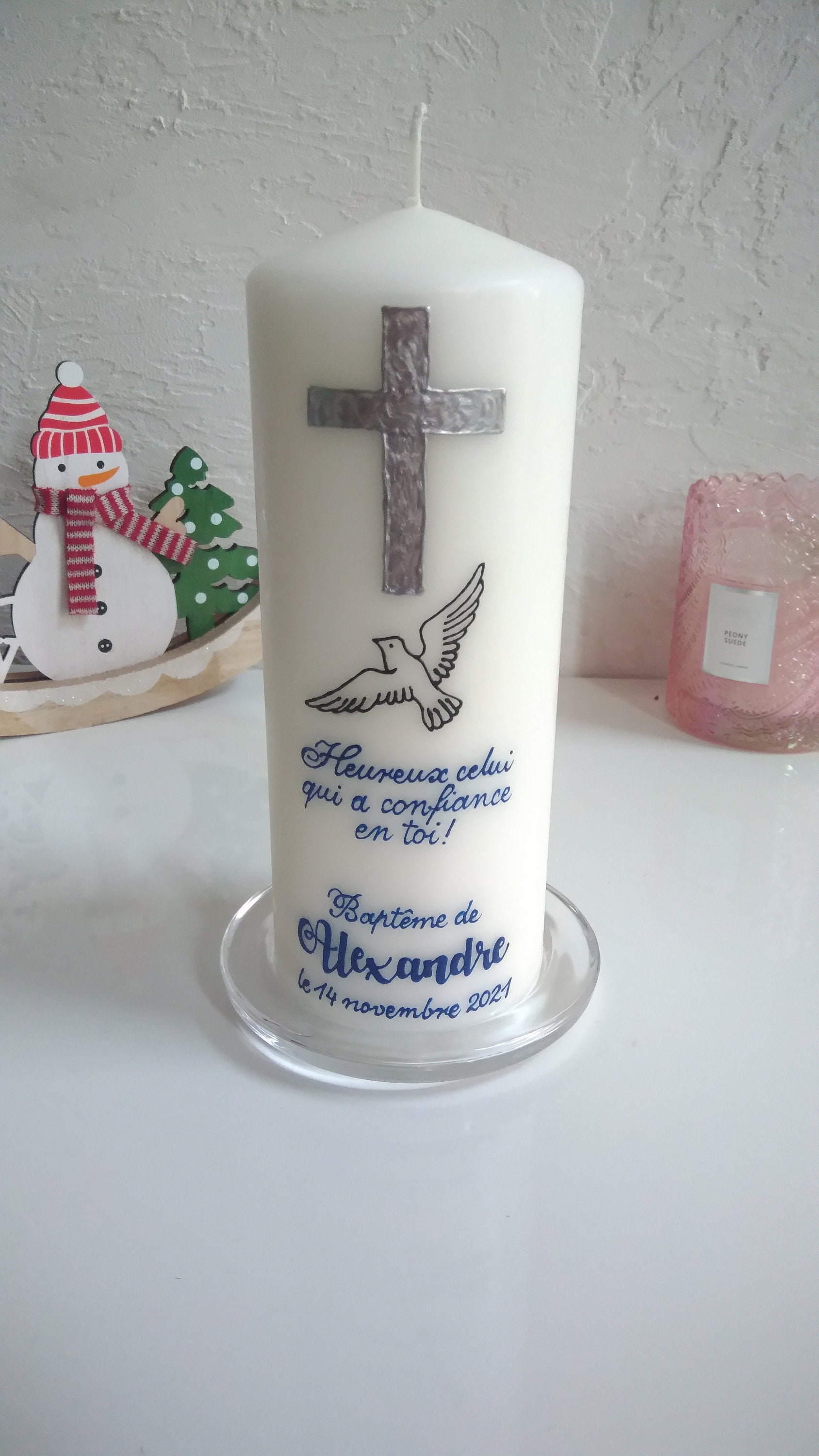 Bougie Baptême - Bougie Personnalisée Confirmation Communion Cadeau Personnalisé 20 cm avec Psaume