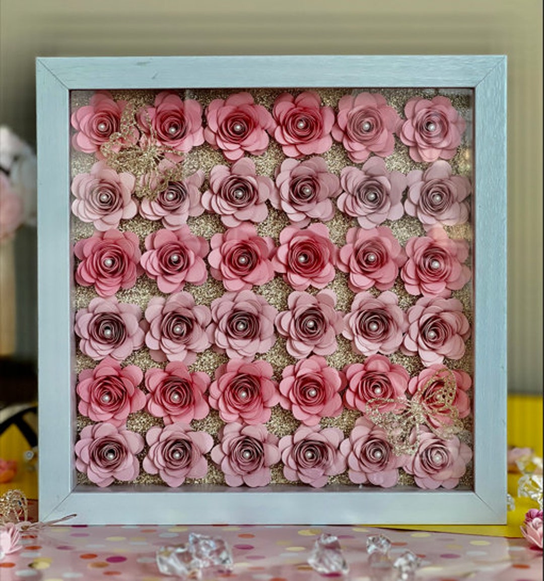 Floral Shadow Box Rolled Flowers Frame Rosette Flowers Etsy