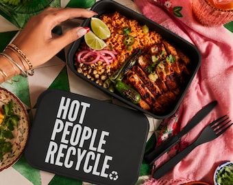 Hot People Recycle Bento Lunch Box | Plant-Based PLA Eco Lunch Container with Utensils | Sustainable Meal Prep Box | Reusable Lunch Box