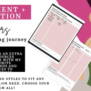 Puede incluir: Cinco rastreadores imprimibles diferentes para suplementos y medicamentos. Los rastreadores son rosas y blancos con texto negro. El texto dice "Symptom Tracker Supplements/Medications", "Supplement and Dose Tracker" y "Extra Notes".