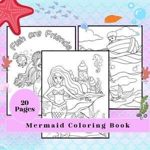 Mermaid Birthday Party Coloring - Kids Coloring Pages | 20 Page PDF Printable coloring Pages | Printable Coloring Pages | Mermaid Party