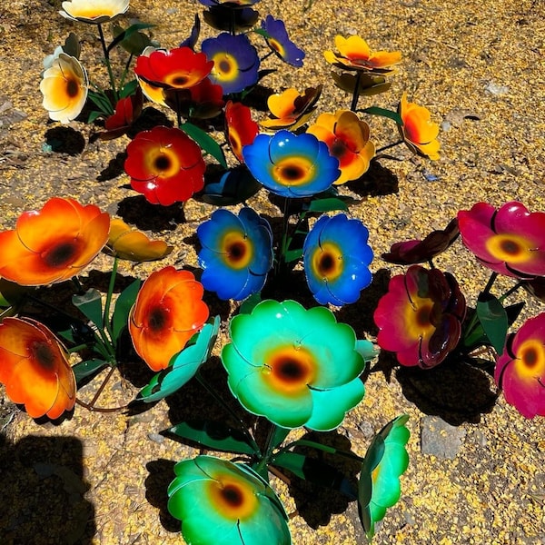 Handmade Metal California Poppies/Anemone Flower Arrangement/Morning Glory - Metal Yard Art