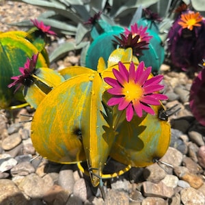 Handmade Colorful Metal Barrel Cactus Garden Sculpture with Flowers - Garden Art