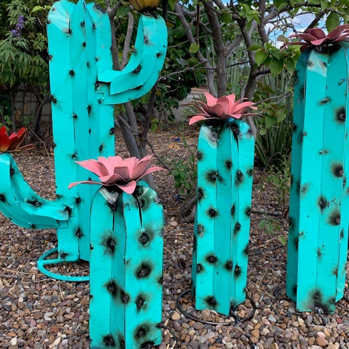 Tilted Rustic Metal Cactus Garden Art Etsy