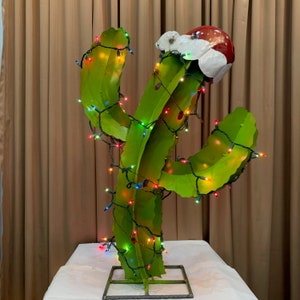 Merry Christmas Tilted Cactus with Decorative Lights - Garden Art