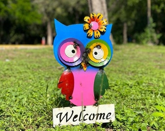 Handmade Metal Colorful Welcome Owl - Metal Yard Art