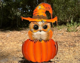 Handmade Pumpkin Owl Witch - Metal Yard Art