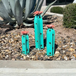 Turquoise Metal Cactus Sculpture Trio with Coral Flowers - Garden Art