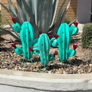 Set of Three Turquoise Metal Cactus Sculptures with Red Flowers - Garden Art