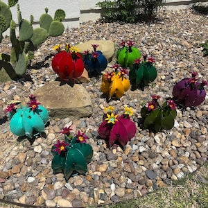 Handmade Colorful Metal Barrel Cactus Garden Sculpture with Flowers - Garden Art