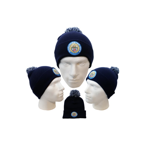 Bonnet Manchester City bleu marine à pompons brodés, écusson brodé des éventails, idée cadeau originale