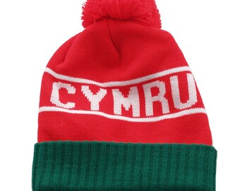 Wales Rugby Football WALES Text Bronx Green Cuff Bobble Hat Adult OSFA Gift Idea