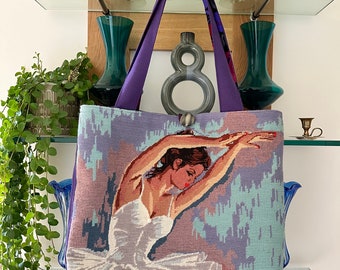 Tote shopping bag using a large tapestry of a ballerina in a lovely pose, lined with contrasting fabric.