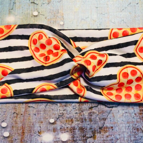 Pizza, heart, stripes, food, black and white, vday, Valentine’s Day, valentines headband, women, turban headband, knotted headband, adult
